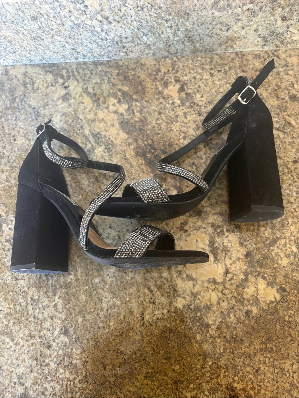 Steve Madden Black Suede Block Heel Sandals with Rhinestone Straps